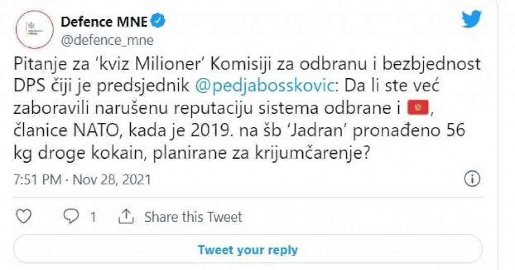 Министраство одбране: ДПС заборавио нарушену репутацију ЦГ због дроге на броду Јадран