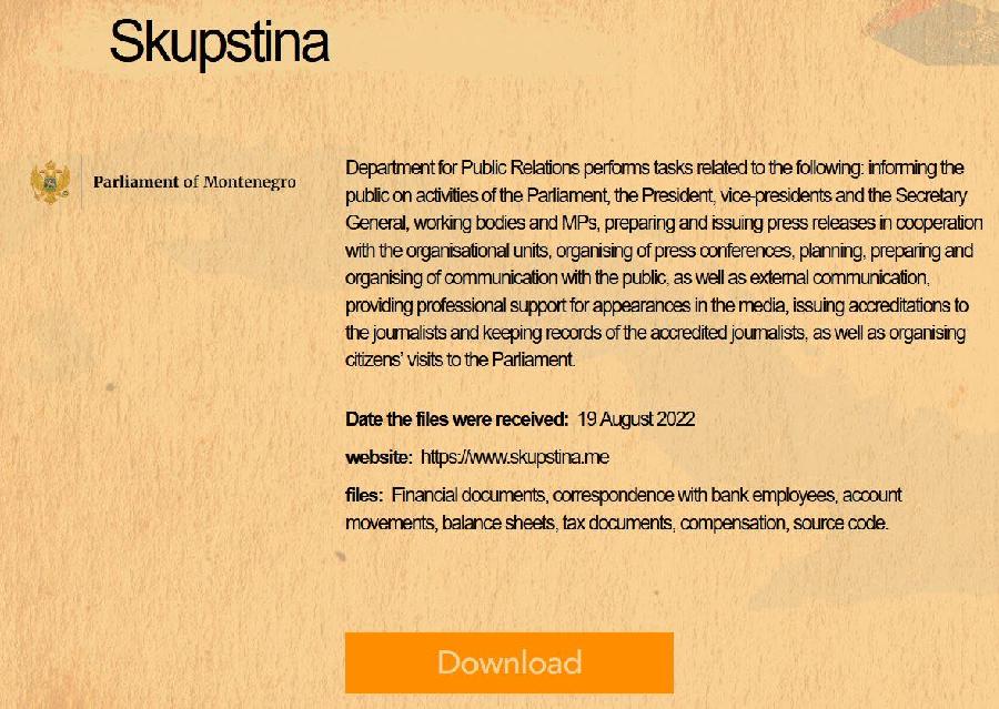 "Cuba ransomware" тврди да је украла фајлове Скупштине Црне Горе