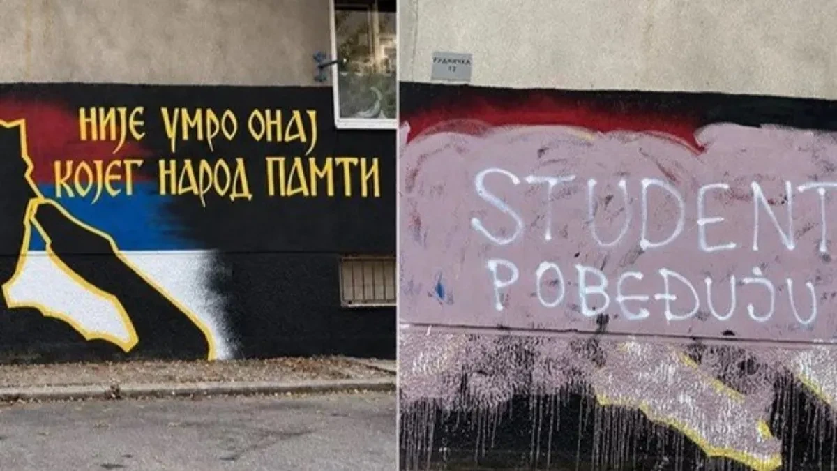 Prekrečen mural Ratka Mladića u Nišu, preko njega ispisano „STUDENTI POBJEĐUJU“