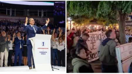 Vučić u Areni poručio da će čuvati KiM i Srpsku, u Novom Pazaru transparent o „genocidu“: Dvije potpuno različite slike Srbije